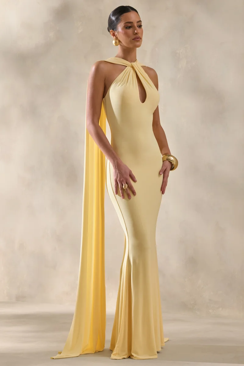 Rhoda | Vestido Largo Limón Con Escote Halter Retorcido Y Abertura Keyholes - Imagen 7