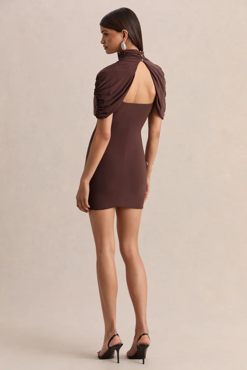 Perdi | Vestido Corto Bodycon Marrón Con Capa Retorcida - Imagen 3