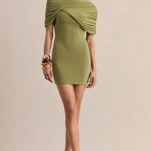 Perdi | Vestido Corto Bodycon Oliva Con Capa Retorcida