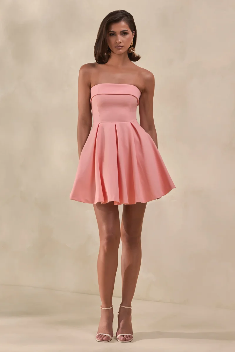 Bruna | Vestido corto rosa con escote palabra de honor y falda skater - Imagen 5