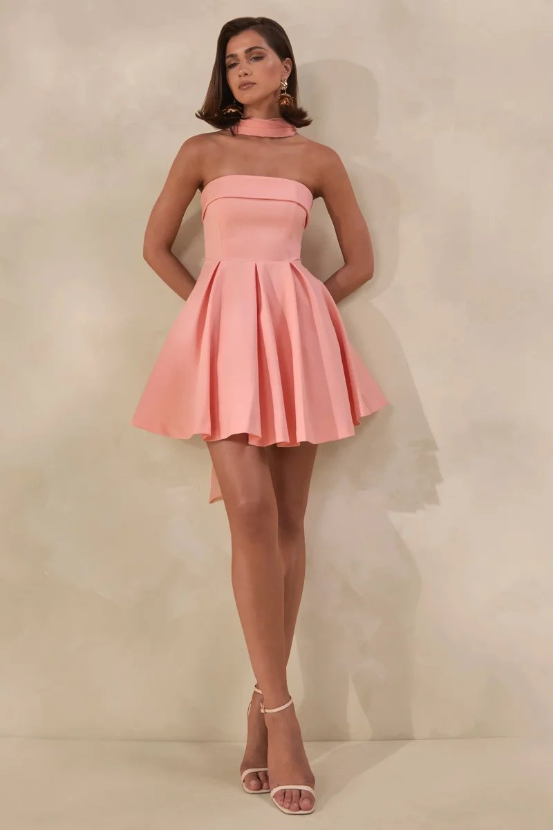 Bruna | Vestido corto rosa con escote palabra de honor y falda skater - Imagen 8