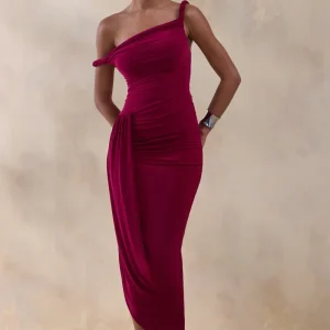 Angelique | Vestido Midi Burdeos con Escote Torcido Asimétrico