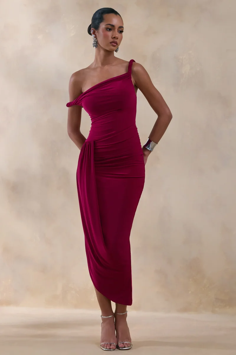 Angelique | Vestido Midi Burdeos con Escote Torcido Asimétrico - Imagen 2