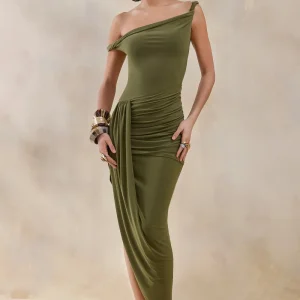 Angelique | Vestido midi verde oliva  asimétrico con escote retorcido
