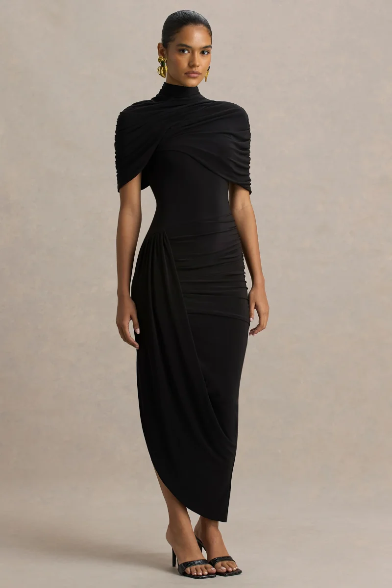 Enchant | Vestido Midi Negro Asimétrico Con Capa Y Detalle Retorcido - Imagen 2