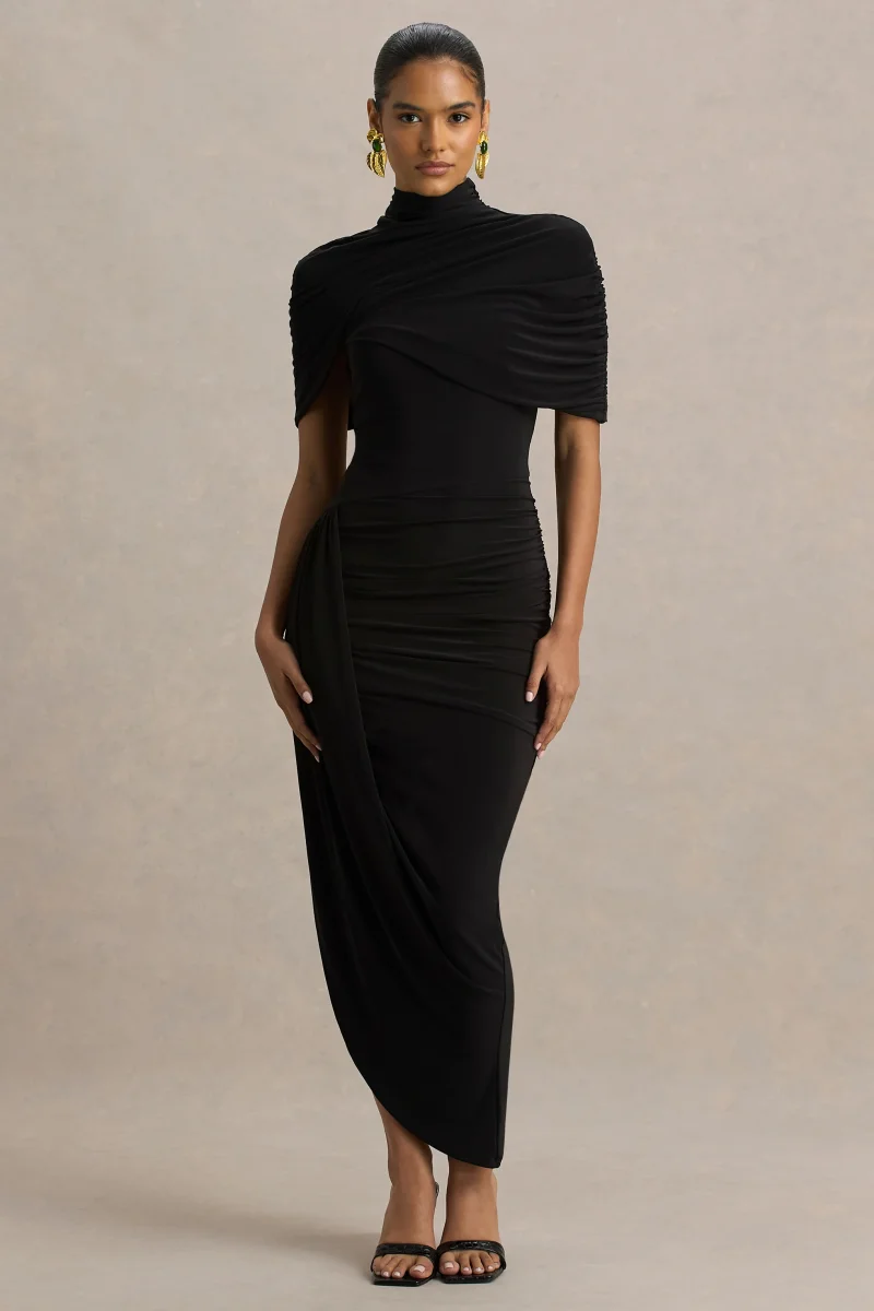 Enchant | Vestido Midi Negro Asimétrico Con Capa Y Detalle Retorcido - Imagen 4