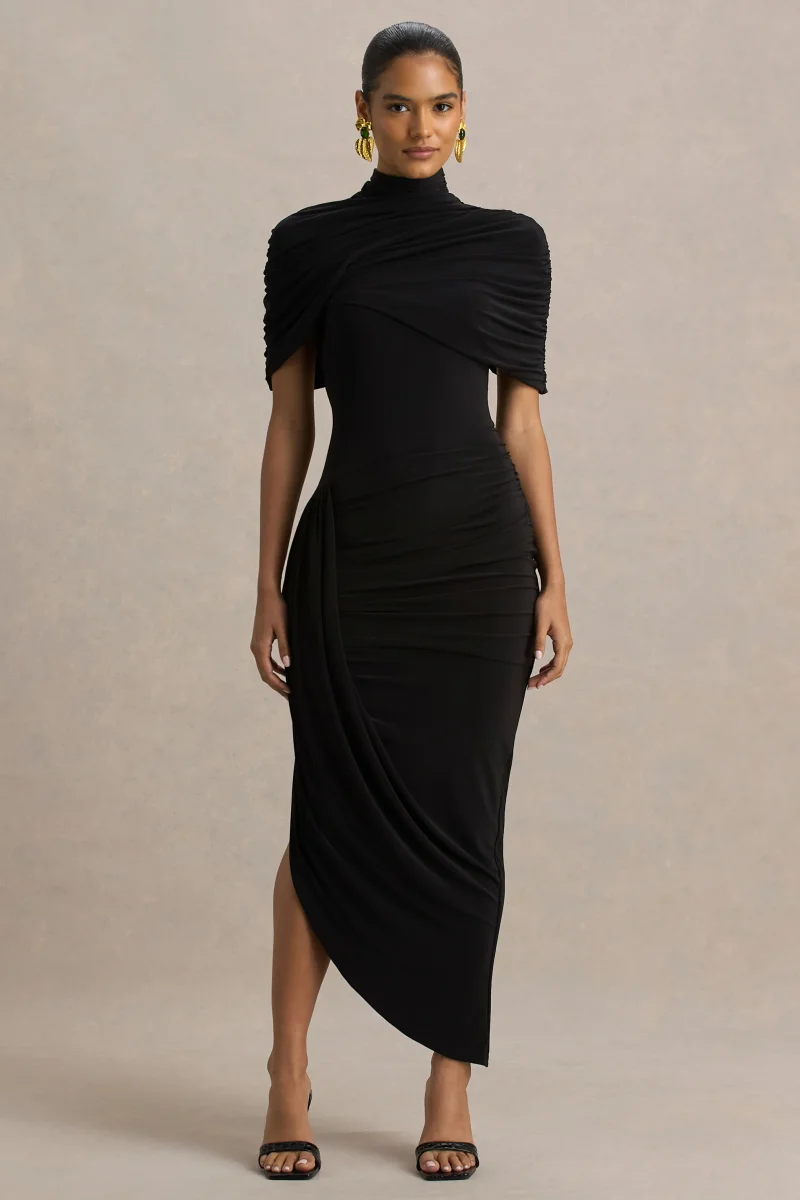 Enchant | Vestido Midi Negro Asimétrico Con Capa Y Detalle Retorcido - Imagen 6
