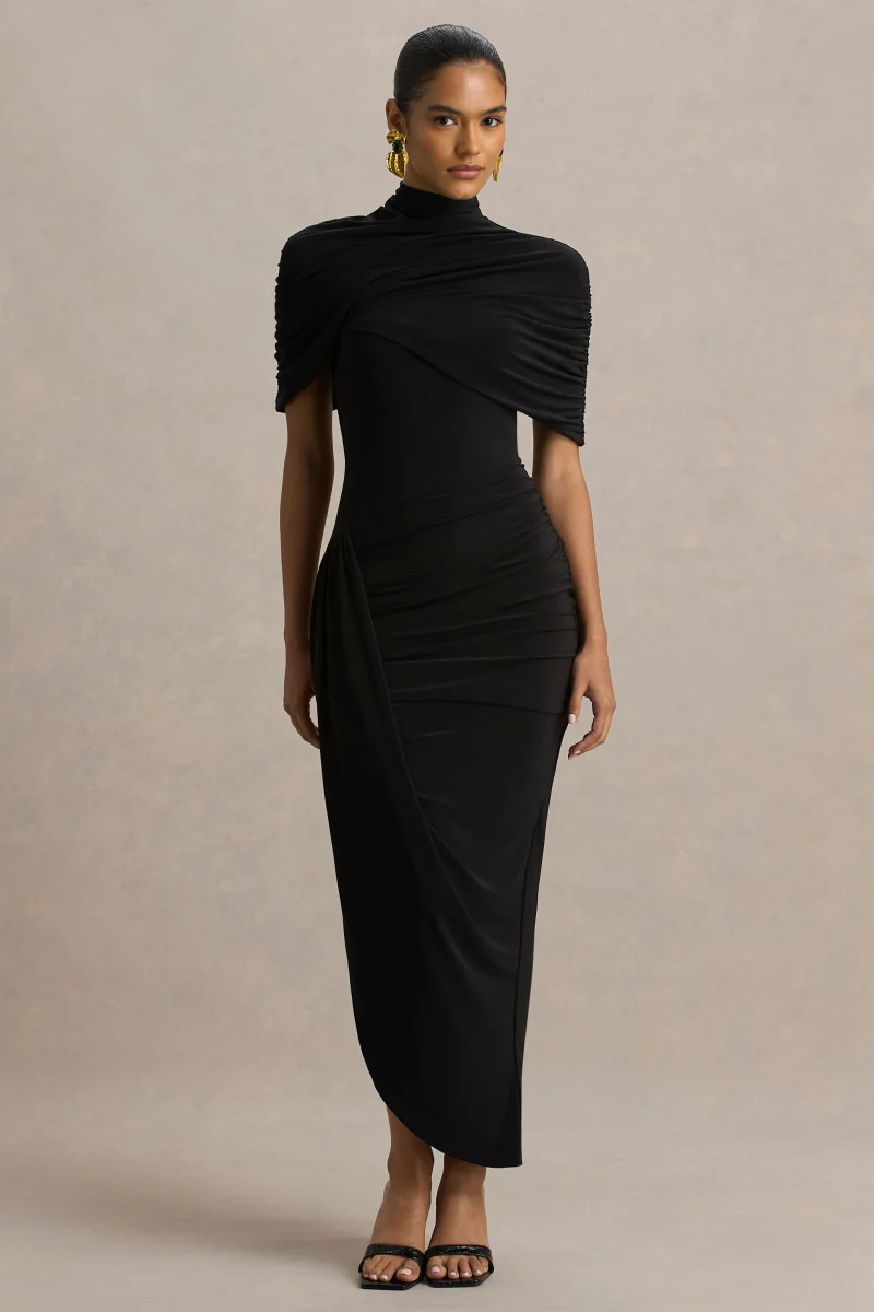 Enchant | Vestido Midi Negro Asimétrico Con Capa Y Detalle Retorcido - Imagen 7