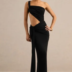 Giovanna | Vestido Largo Negro Con Escote Asimétrico Y Falda Cruzada
