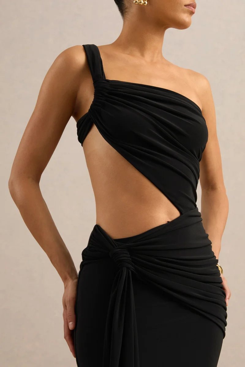 Giovanna | Vestido Largo Negro Con Escote Asimétrico Y Falda Cruzada - Imagen 5