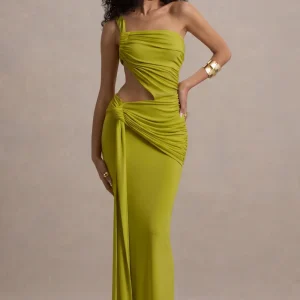 Giovanna | Vestido Largo Verde Oliva Asimétrico Con Falda Cruzada