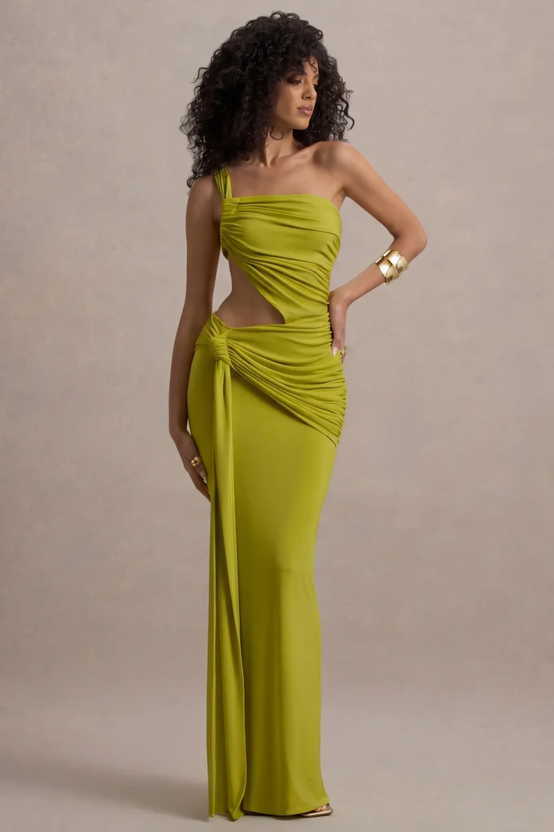 Giovanna | Vestido Largo Verde Oliva Asimétrico Con Falda Cruzada - Imagen 2