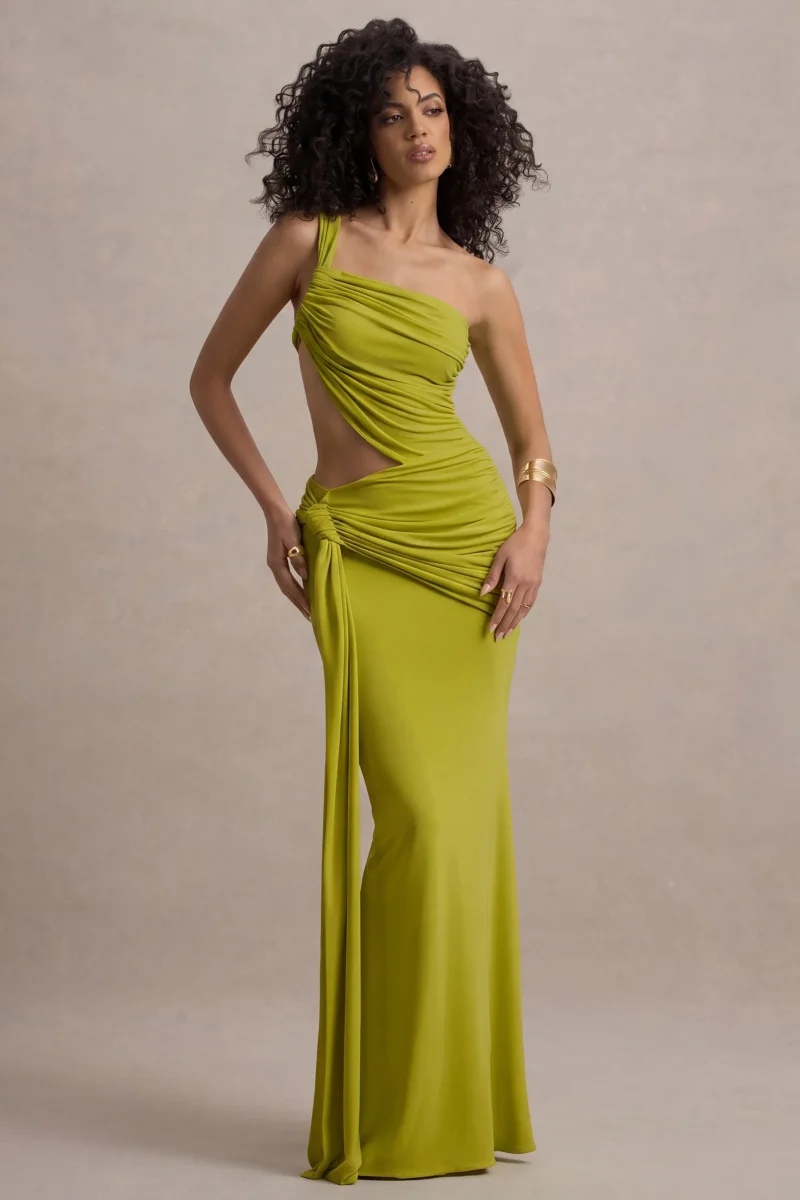 Giovanna | Vestido Largo Verde Oliva Asimétrico Con Falda Cruzada - Imagen 5