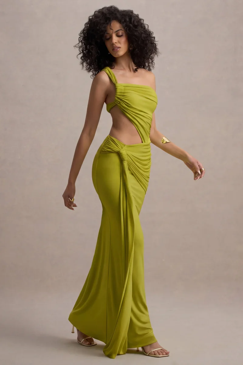 Giovanna | Vestido Largo Verde Oliva Asimétrico Con Falda Cruzada - Imagen 6