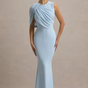 Rae | Vestido largo Azul bebé con Capa drapeada y espalda descubierta