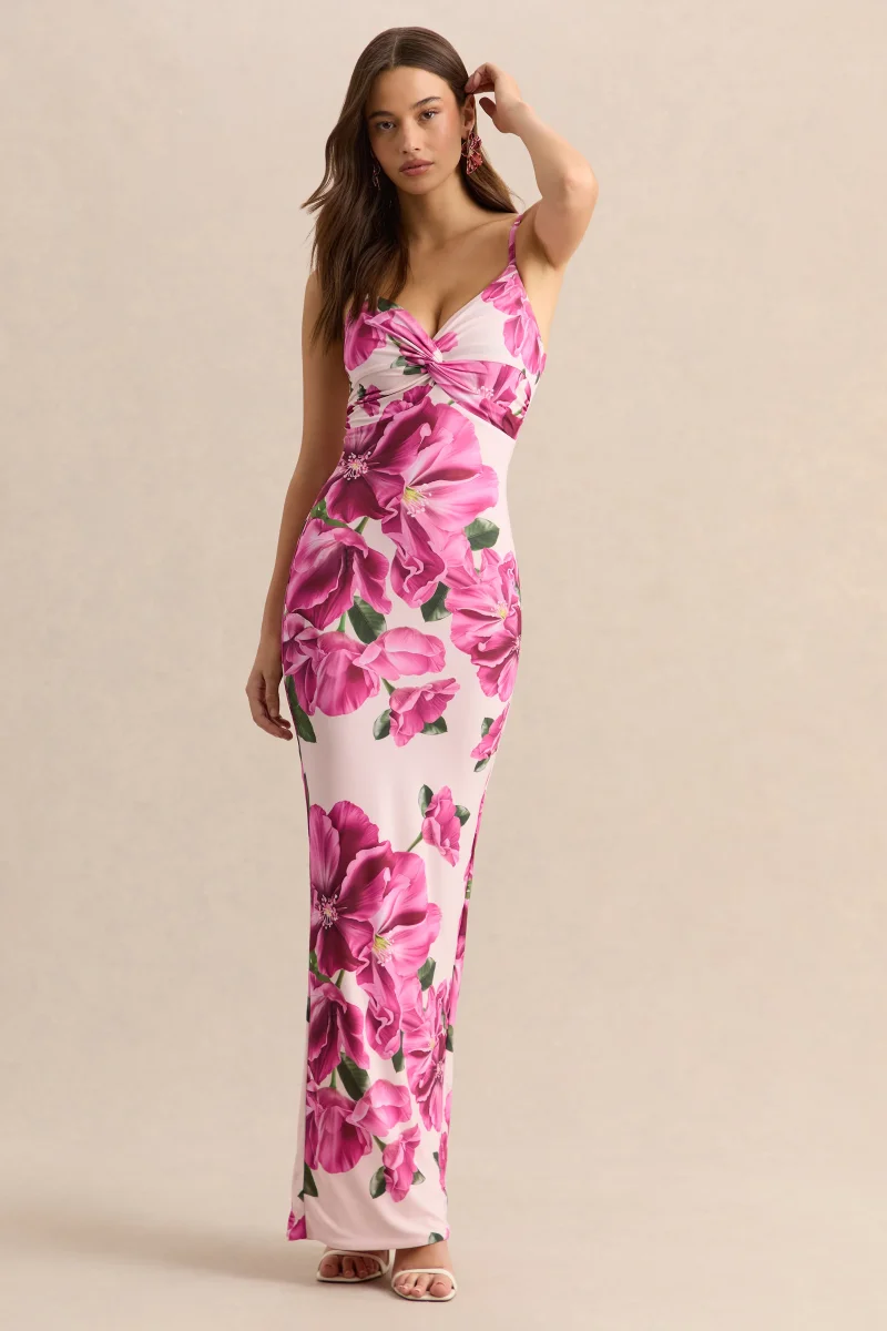 Luz | Hibisco Rosa Estampado Floral Vestido Largo con Tirantes - Imagen 5