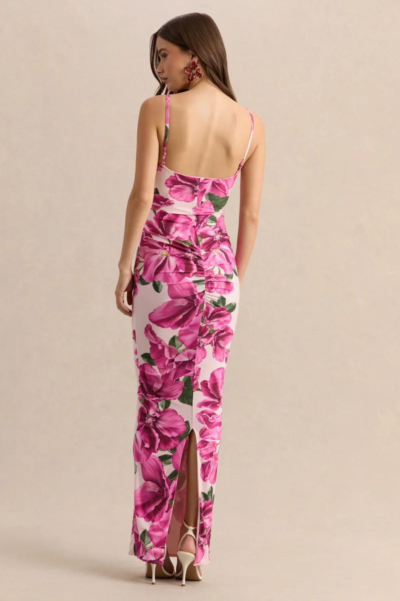 Luz | Hibisco Rosa Estampado Floral Vestido Largo con Tirantes - Imagen 3