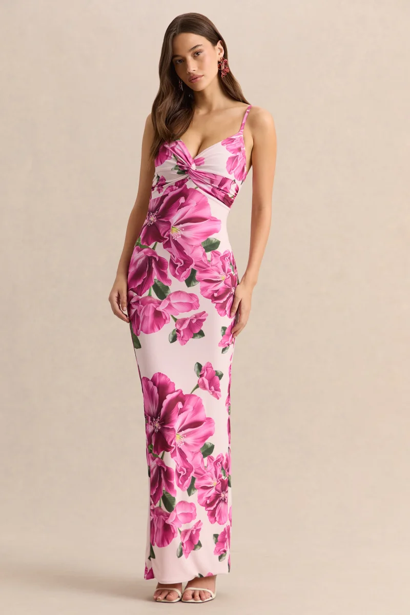 Luz | Hibisco Rosa Estampado Floral Vestido Largo con Tirantes - Imagen 6