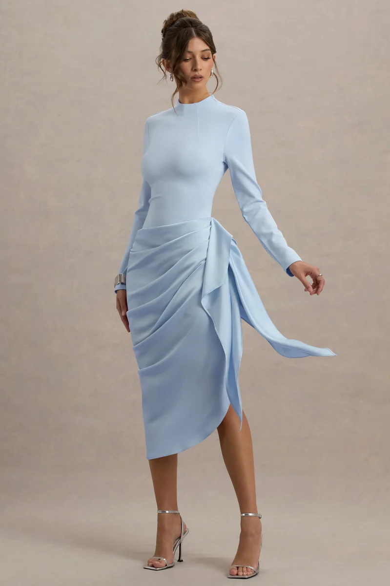 Raffie | Vestido Midi Azul bebé de Manga Larga con Falda Envolvente de Satén - Imagen 5