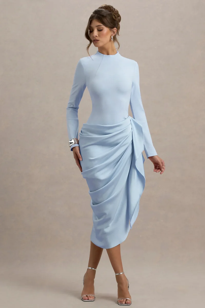 Raffie | Vestido Midi Azul bebé de Manga Larga con Falda Envolvente de Satén