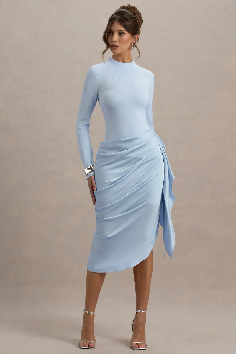 Raffie | Vestido Midi Azul bebé de Manga Larga con Falda Envolvente de Satén - Imagen 6