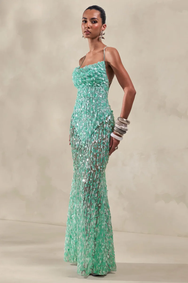 Taryn | Vestido Largo Turquesa con Escote Desbocado y Lentejuelas Premium - Imagen 5