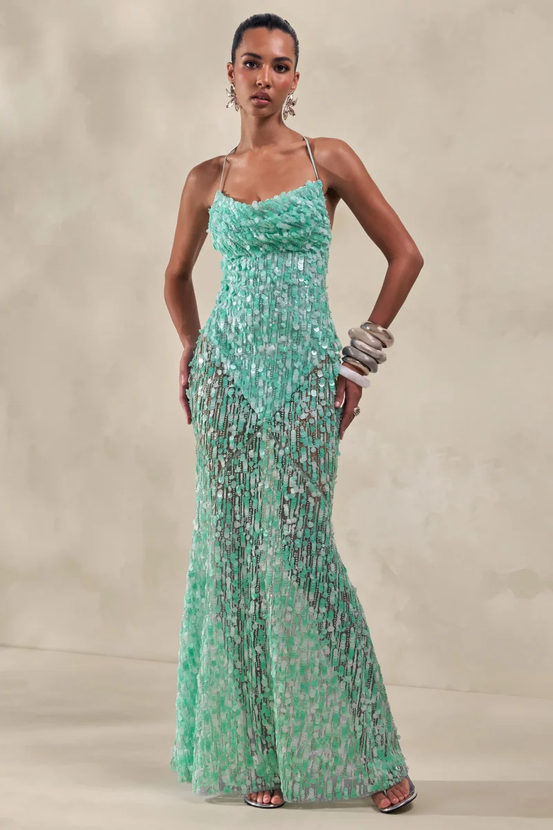 Taryn | Vestido Largo Turquesa con Escote Desbocado y Lentejuelas Premium - Imagen 8