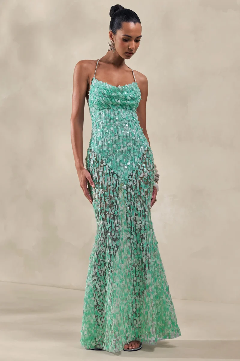 Taryn | Vestido Largo Turquesa con Escote Desbocado y Lentejuelas Premium - Imagen 7