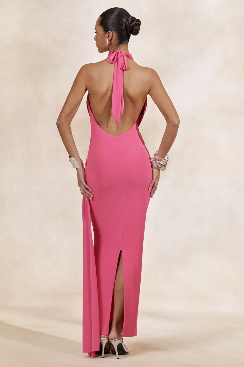 Maude | Vestido Largo Rosa Con Escote Pronunciado, Fruncido Y Faja - Imagen 3