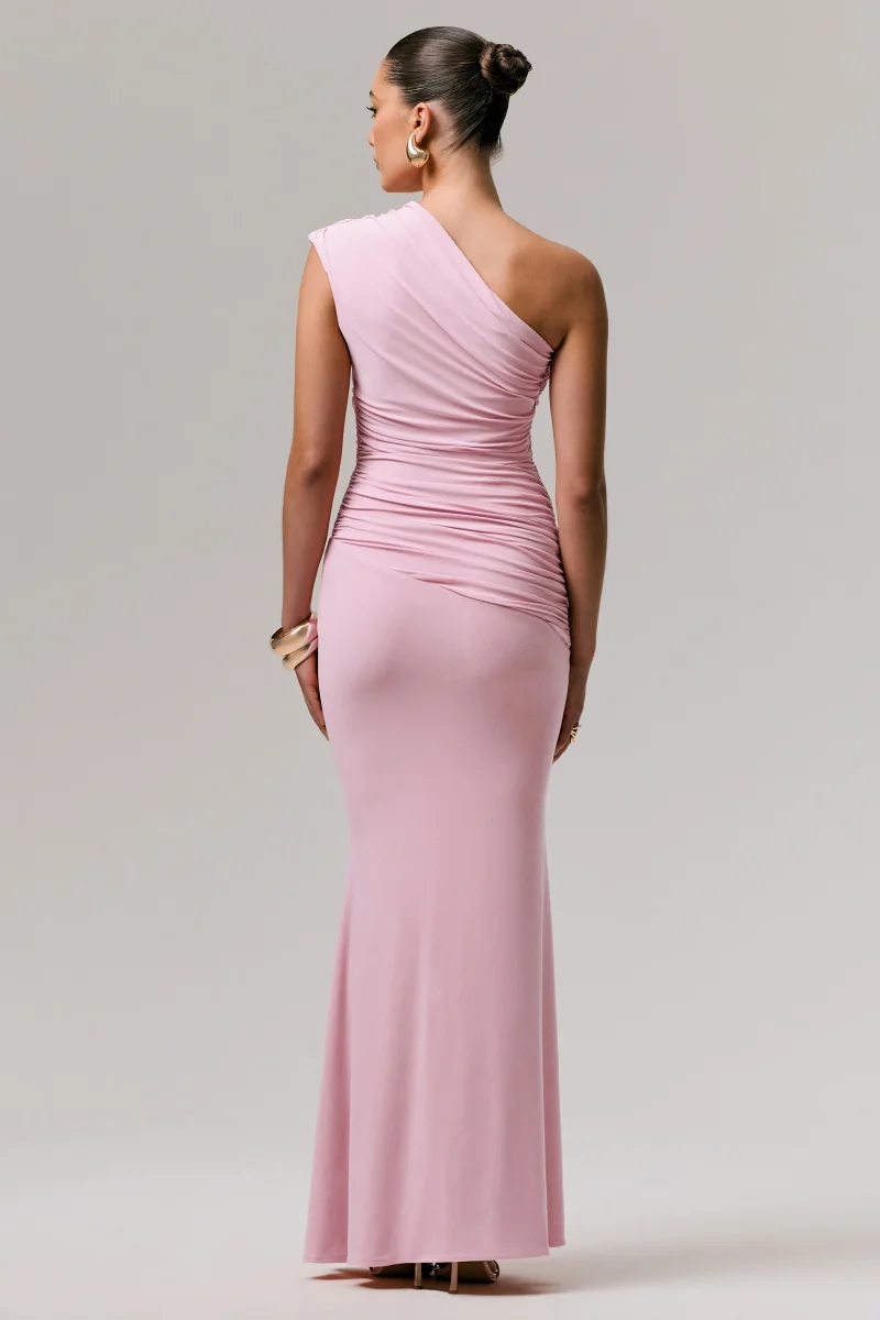 Mardi | Vestido Largo Rosa con Escote Asimétrico y Fruncidos - Imagen 3