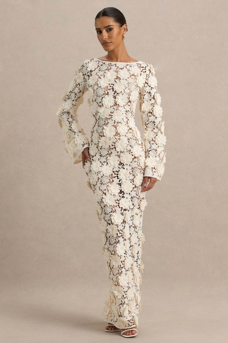 Viper | Vestido largo de Encaje Crema con Mangas Largas - Imagen 3