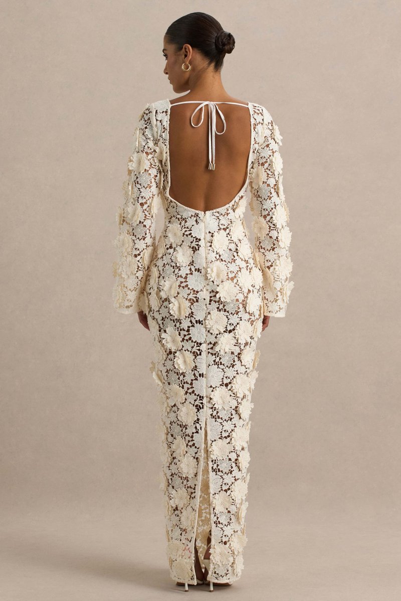 Viper | Vestido largo de Encaje Crema con Mangas Largas - Imagen 4