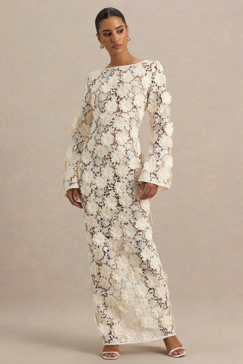 Viper | Vestido largo de Encaje Crema con Mangas Largas - Imagen 5