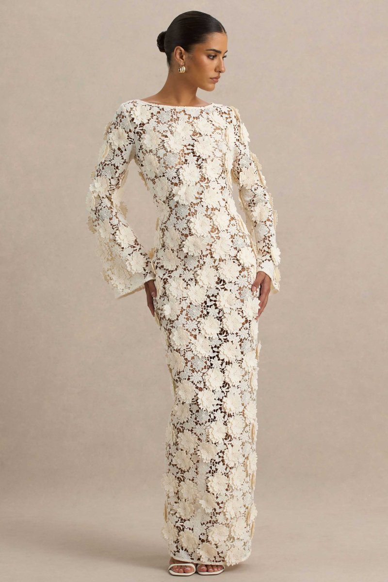 Viper | Vestido largo de Encaje Crema con Mangas Largas - Imagen 6