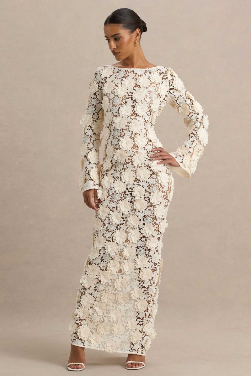 Viper | Vestido largo de Encaje Crema con Mangas Largas - Imagen 7