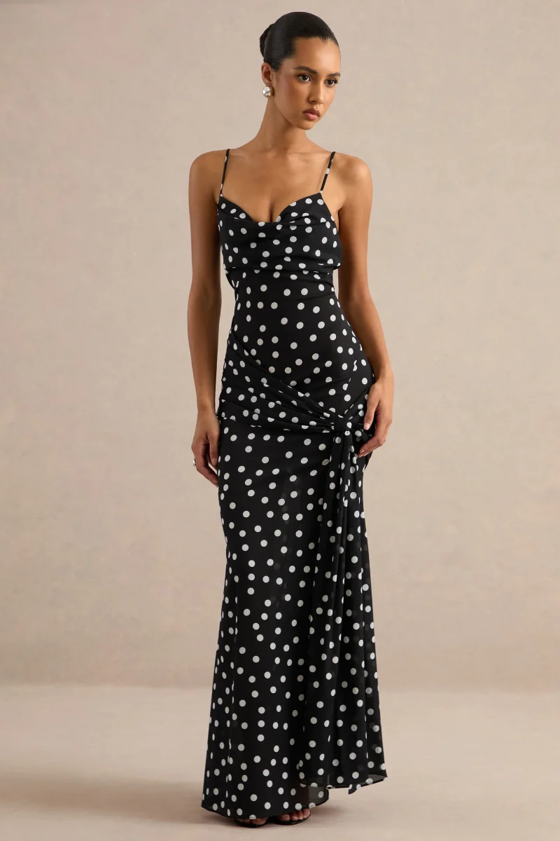 Virtue | Vestido largo transparente de lunares negros y blancos