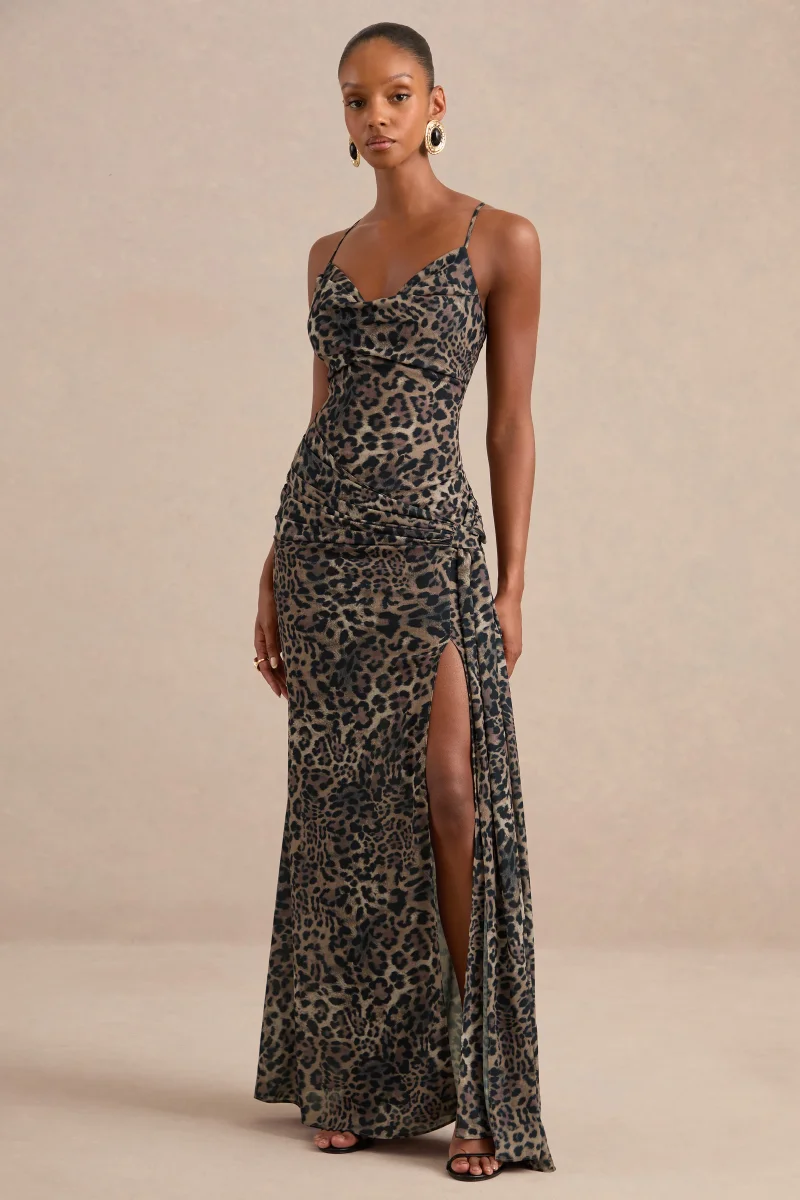 Virtue | Vestido largo transparente con estampado de leopardo marrón y escote drapeado - Imagen 6