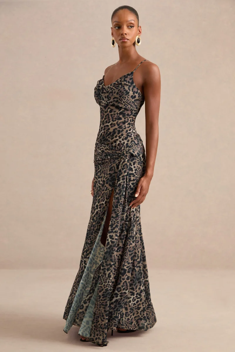 Virtue | Vestido largo transparente con estampado de leopardo marrón y escote drapeado - Imagen 4