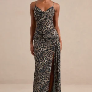 Virtue | Vestido largo transparente con estampado de leopardo marrón y escote drapeado