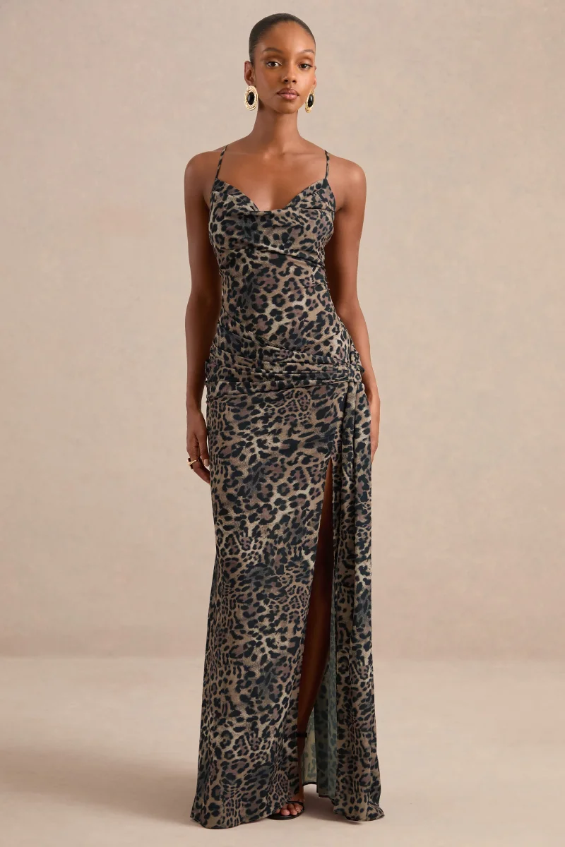 Virtue | Vestido largo transparente con estampado de leopardo marrón y escote drapeado