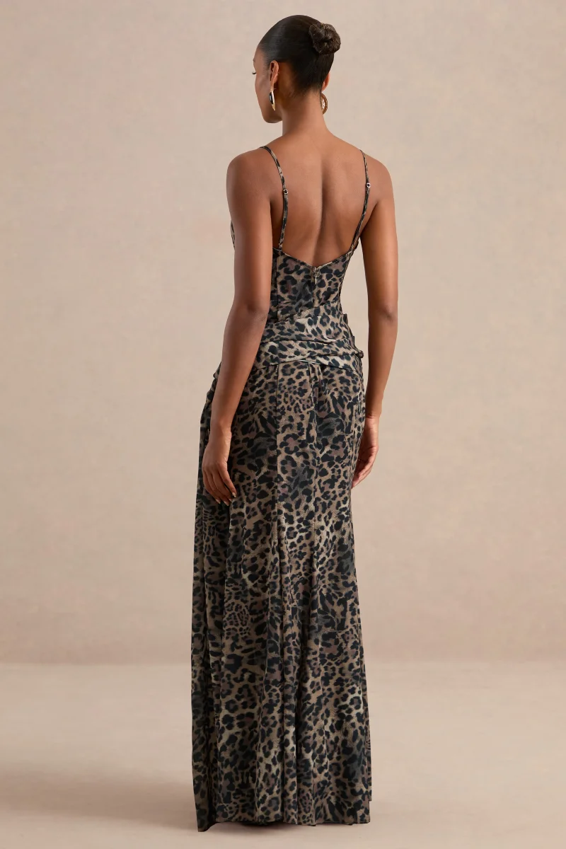 Virtue | Vestido largo transparente con estampado de leopardo marrón y escote drapeado - Imagen 3