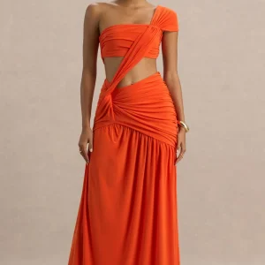 Cadiz | Vestido largo Asimétrico Naranja con Aberturas y Espalda Descubierta