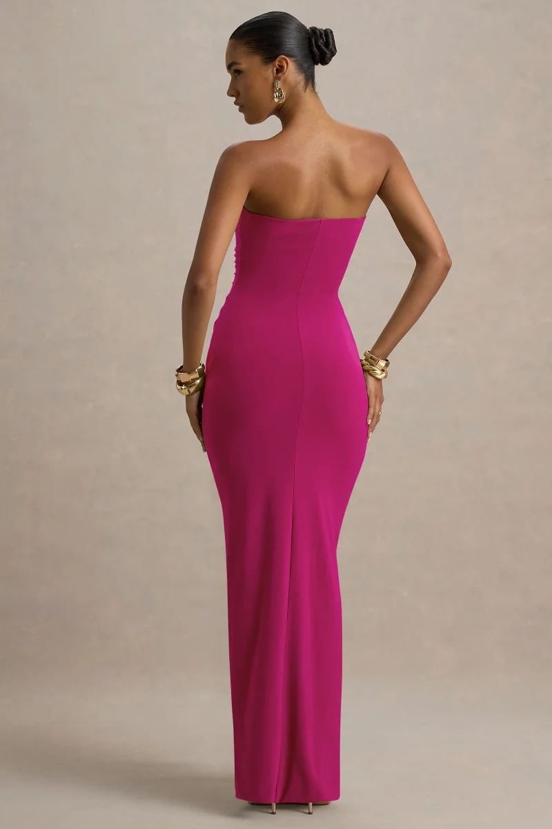 Ali | Vestido Largo Cruzado Rosa Fucsia Con Escote Corazón Y Fruncido - Imagen 3