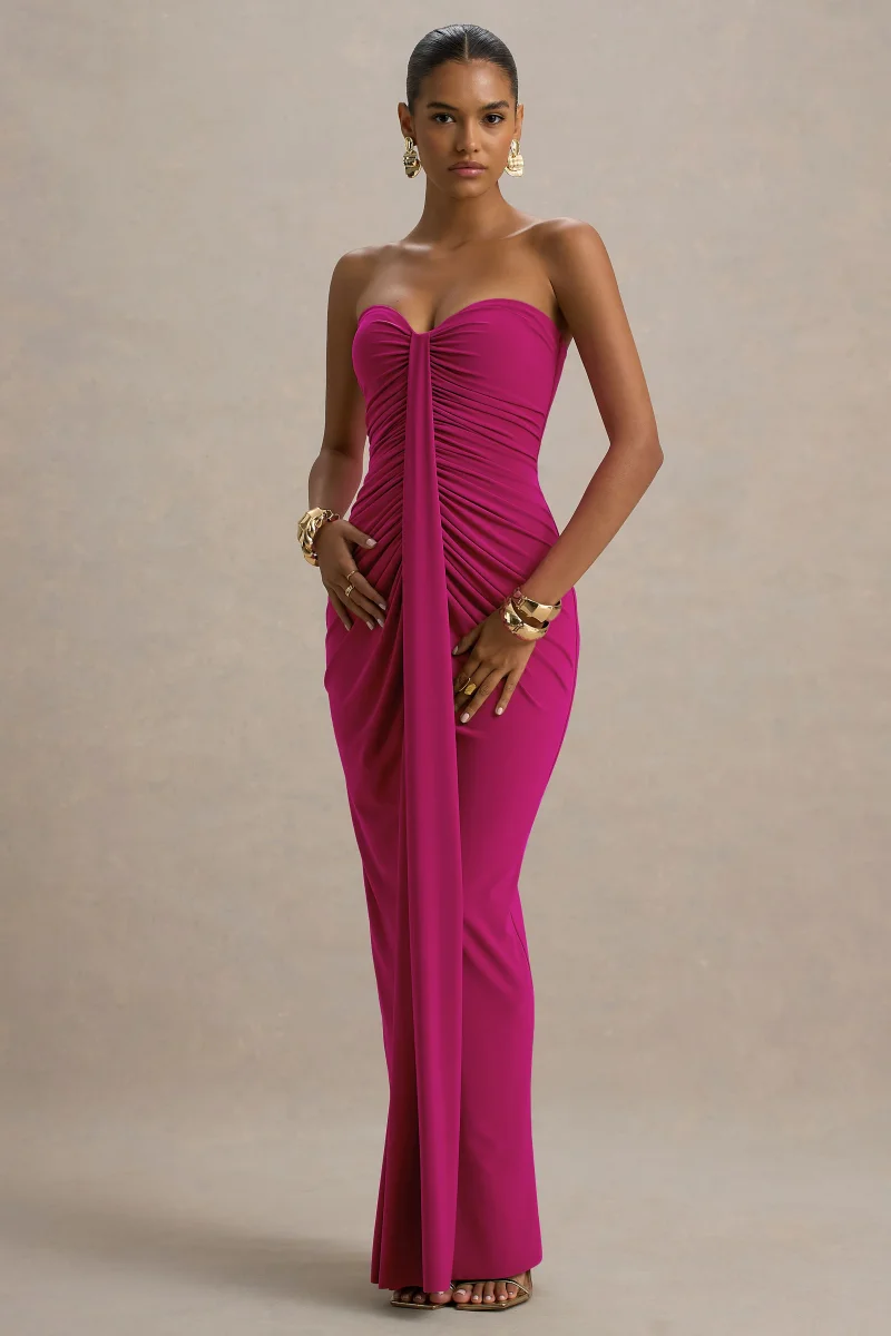 Ali | Vestido Largo Cruzado Rosa Fucsia Con Escote Corazón Y Fruncido - Imagen 4