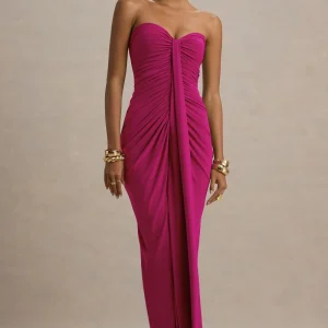 Ali | Vestido Largo Cruzado Rosa Fucsia Con Escote Corazón Y Fruncido