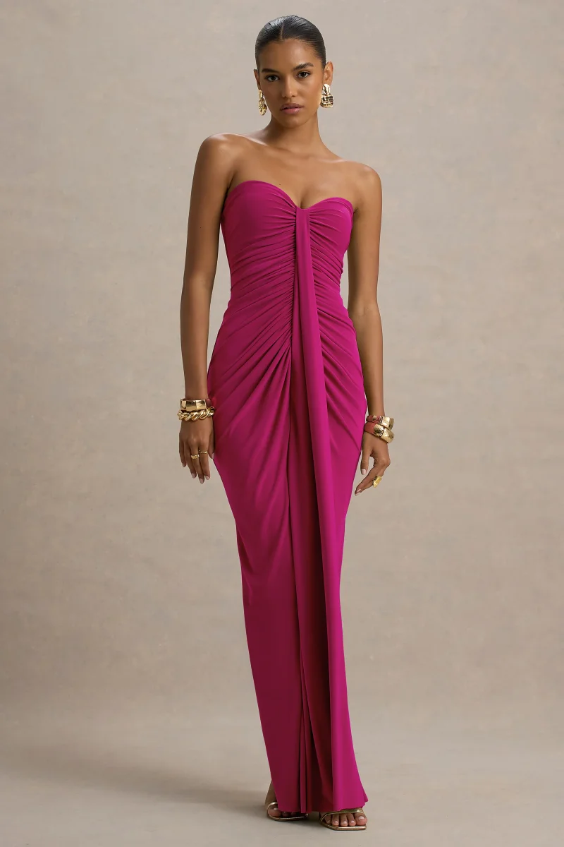 Ali | Vestido Largo Cruzado Rosa Fucsia Con Escote Corazón Y Fruncido