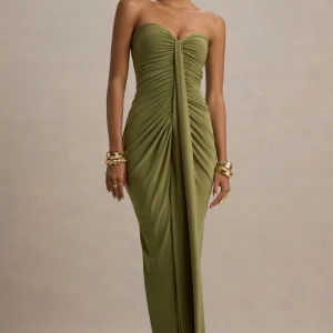 Ali | Vestido largo verde oliva con escote corazón y detalles fruncidos