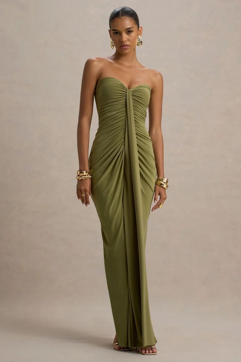 Ali | Vestido largo verde oliva con escote corazón y detalles fruncidos