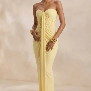 Ali | Vestido Largo color limón con escote corazón y detalle drapeado