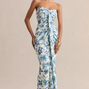 Ali | Vestido Largo Cruzado Con Fruncido Y Escote Corazón En Estampado Porcelana Azul